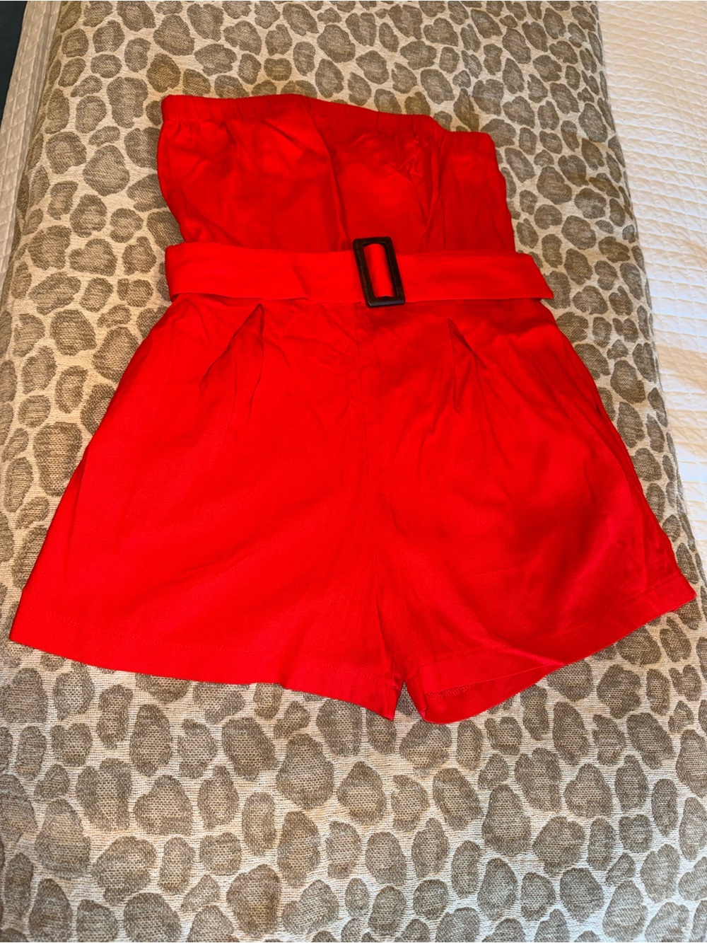 Monteau PRECIOUS Strapless Red Belted Shorts Linen Romper Medium